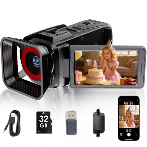 4K Video Camcorder With 64MP Photos, 3 Inch 270 Degree Flip Screen And 18X Zoom, Built In WiFi, Webcam Ready, accessories shown