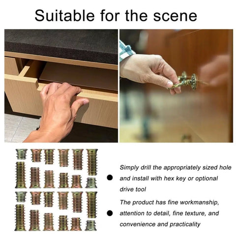 105 Piece Screw In Nuts Threaded Insert Kit For Wooden Furniture Carbon Steel Heavy Duty Easy To Install And Will Not Slip In Humid Indoor Environments T Nut Hardware For Durable Grips Tight Furniture Installations shown with drawer assembly examples