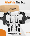 Heavy Duty Complete Front And Rear Suspension Overhaul Kit With Ball Joints Sway Bar Links And Tie Rod Ends To Fix Squeaks And Shake Chevrolet Equinox Gmc Terrain 2010-2017 displayed with components laid out.