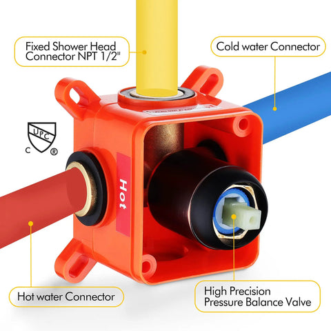 Shower Faucet System With Rain Shower Kit And High-Pressure Handheld Head 2-In-1 Dual Valve Trim Chrome showing connectors and valve.
