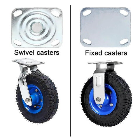 Rock Solid Heavy Duty Swivel And Fixed Caster Set With Smooth Rolling Ball Bearings, featuring durable blue wheels and metal brackets.