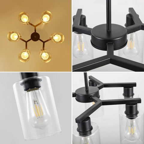 Close-ups of a Six Light Matte Black Modern Farmhouse Chandelier with clear glass shades and adjustable hanging for various views.