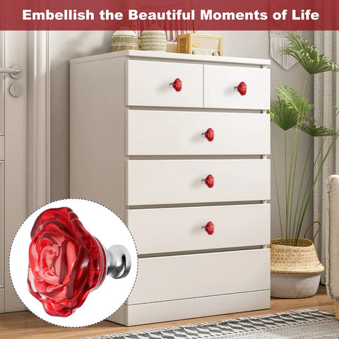 Kick Up Decor With Super Slick Red Glass Dresser Knobs And Rose Crystal Drawer Handles In This 5 Piece Set on a white dresser.