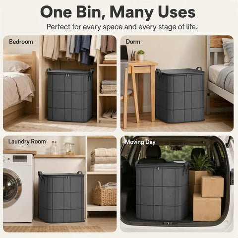 Hella Durable 180 Liter Moving Storage Container With Thick Loop Handles And Tight Seal Zipper Closure in bedroom, dorm, laundry room, and car.