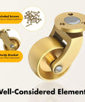 Four Pack Heavy Duty Caster Wheels With 360 Degree Swivel And Mounting Screws Premium Brushed Gold Brass Finish highlighted with included screws and sturdy bracket.
