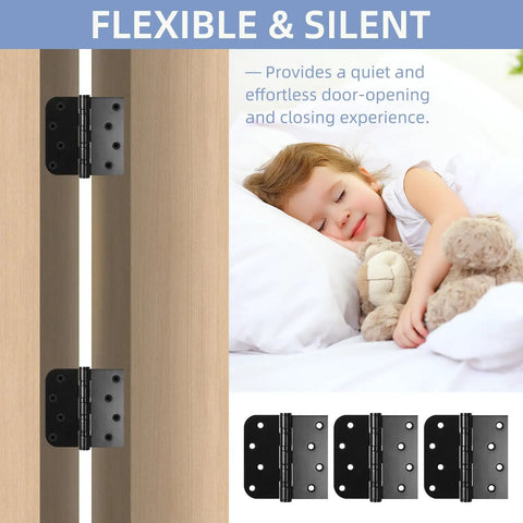 Rock Solid 6 Pack Matte Black Door Hinges 4X4 Inch Ball Bearing Stainless Steel Heavy Duty with screws installed on door frame.