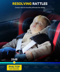 Child peacefully sleeping in car seat, highlighting effectiveness of PHILTOP Hub Assembly in reducing noise to 25dB.