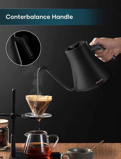 Gooseneck Electric Kettle With Precision Temperature Control And Stainless Steel Interior, 0.9L Capacity, fast heating for pour over coffee in use