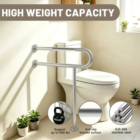 Rock Solid 32X28 Inch Brushed Nickel Toilet Grab Bar With T Shape Leg Heavy Duty 304 Stainless Steel Anti Slip Safety Rail with knurled handle.