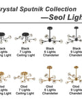 Crystal Sputnik Collection, Seol Light with black and gold options of 5 to 9 light chandeliers, including adjustable rod details.