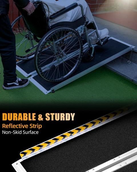 Premium 4 Foot Portable Wheelchair Ramp For Home Steps Features Non Slip Grip Built Tough Mobility Access Solution Rolls Super Smooth Over Thresholds Dead Simple Setup Done For You with a non-skid surface and reflective strip.