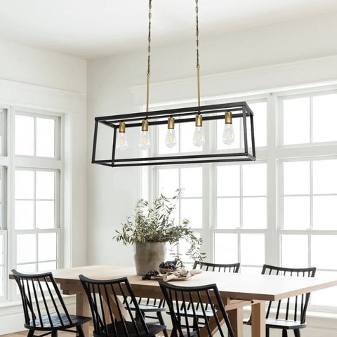 Dope Industrial Modern Farmhouse Kitchen Island Light Chandelier In Black And Brass 5-Light Rectangular Bar Pendant over dining table