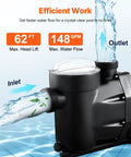 Built Different 2.5 Horsepower Above Ground Pool Pump With 148 Gallons Per Minute Flow showing inlet and outlet features.
