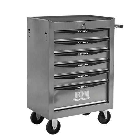 Industrial Grade Rolling Tool Storage Cabinet With Tough Steel Top And Glide Smooth Ball Bearing Slides Mobile Garage Chest With Brake Caster Wheels For Weekend Warriors And Daily Shop Grind Projects Silver, five drawers, polished steel finish.