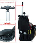 Rugged Rolling Tool Backpack With Wheels 26 Pocket Organizer For Electricians Carpenters HVAC And Welders Built To Last In Durable 600D Polyester with telescoping handle and wheels.