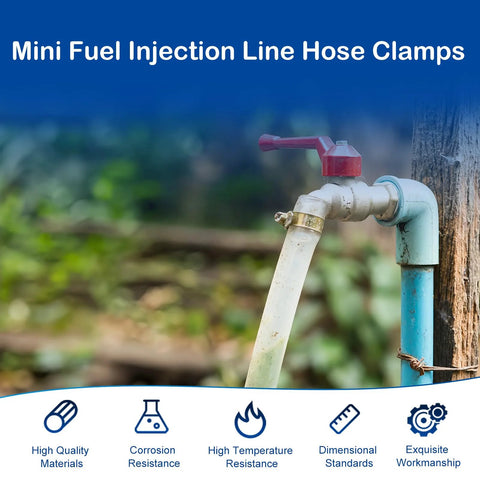 Outdoor water faucet with hose attached using 32 Piece Mini Fuel Line Clamps Set For 1/8 Inch Inner Diameter Fuel Injection Hose Adjustable 5/16 To 13/32 Inch Diameter Zinc Plated Gas Line Clips For Diesel Petrol Automotive Truck, illustrating high quality materials and resistance features against corrosion and temperature.