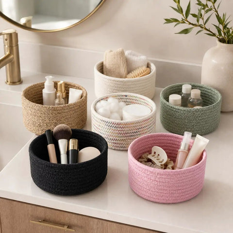Super Handy Small Woven Cotton Rope Basket For Versatile Home Organization Black Storage Bin holding makeup brushes and cosmetics.