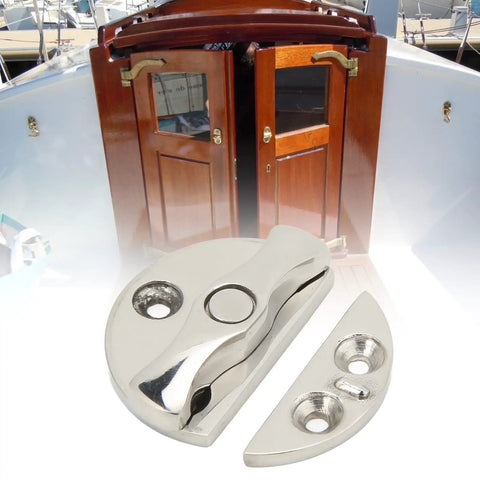 Rugged Marine Grade 316 Stainless Steel Boat Door Catch Latch With 45Mm Round Twist Knob And 180 Degree Rotation Universal Fit For Yachts close-up on a boat.
