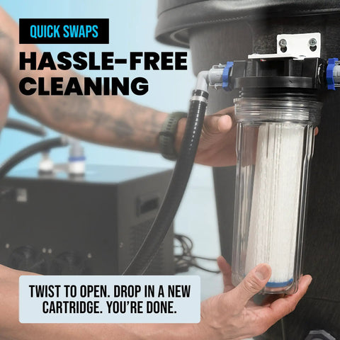 Grab This Cold Plunge Water Filter System With A Rugged Ten Inch Housing And Dual Fifty Micron Sediment Scaler For Crisp Ice Baths And Rust Free Whole Home Hydration Vibes, showing user swapping filter cartridge.