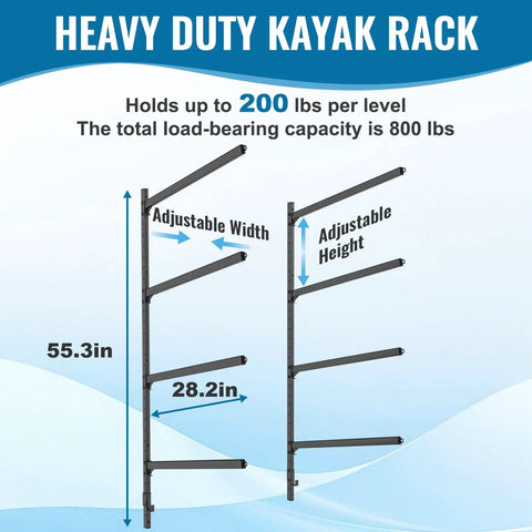 Premium Heavy Duty Kayak Storage Rack Wall Mount System For Garage showing adjustable width and height dimensions, 55.3 in and 28.2 in.