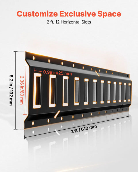Close-up of 2 ft E Track Tie Down Rail with 12 slots for Garages, Vans, Trailers, includes measurements for securement