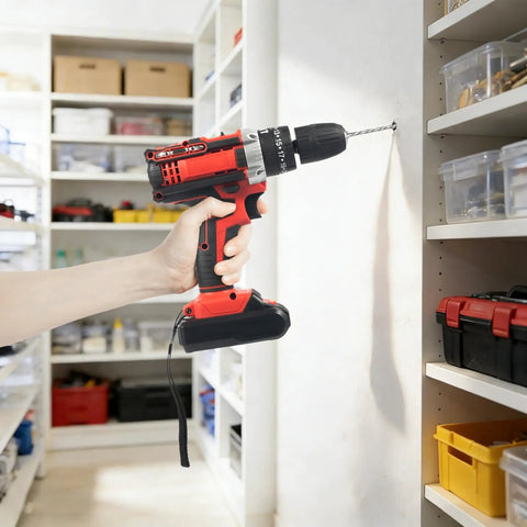 Cordless Drill Set Powerhouse Dual Speed Battery Driver With Three Eighth Inch Keyless Chuck Led Light Tough Nylon Case For Making Short Work Of Wood Tile Plastic Diy Repairs At Home, in use drilling into wall.
