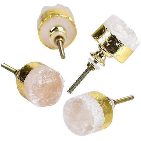 Four Pack Real Deal Natural Clear Quartz Crystal Cabinet Knobs With Gold Plated Solid Brass Base For Drawers And Dressers Smooth Everyday Premium Hardware, 1.5 inch round design.