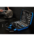 Six Point Socket Set With One Quarter Inch, Three Eighths Inch And One Half Inch Square Drive Metric Tool Kit in blue case open