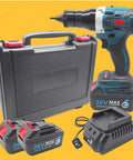 Top Tier Cordless Rivet Gun With Dual 26V Lithium Batteries And Seven Swap Out Tips featuring charging station, two batteries, and tool case.