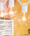 Close-up of Outdoor String Lights 100Ft With 105 Globe Bulbs Waterproof IP44 Edison G40 Bulbs with lighting specs displayed.