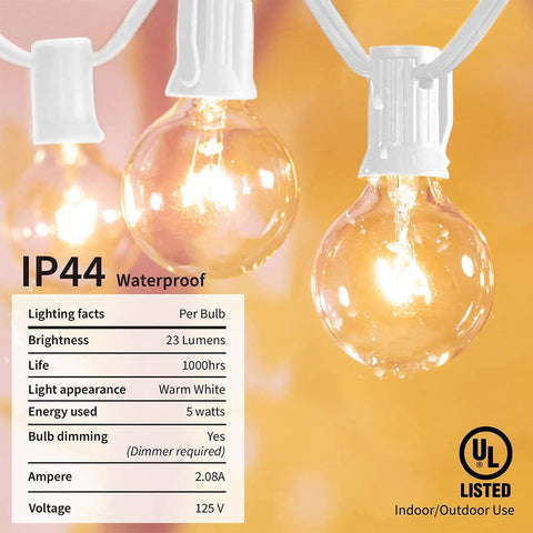 Close-up of Outdoor String Lights 100Ft With 105 Globe Bulbs Waterproof IP44 Edison G40 Bulbs with lighting specs displayed.
