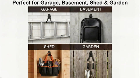 Top Shelf Garage Wall Hooks 3 Pack Heavy Duty Steel Square Storage Rack Built Like A Tank To Hang Your Bikes And Yard Gear Without Any Stress Or Extra Work Today, showcasing various storage uses.