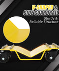 V-shaped car wheel dolly side guardrail with sturdy yellow design, part of the Rock Solid Car Wheel Dollies Set Of 4 With Built In Security Locks And Massive 8000 Lbs Capacity.