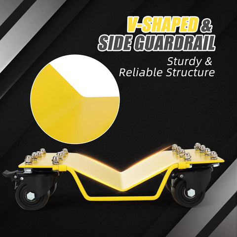 V-shaped car wheel dolly side guardrail with sturdy yellow design, part of the Rock Solid Car Wheel Dollies Set Of 4 With Built In Security Locks And Massive 8000 Lbs Capacity.