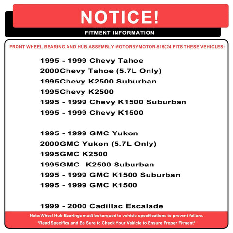 Fitment information for Beefed Up Front Wheel Bearing Hub Assembly 6 Lug 4WD With Abs Wire for specific Chevy and GMC models.