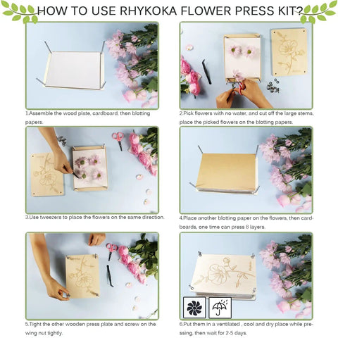 Instructional guide showing how to use the Pro Grade Eight Layer Flower Press Kit 6.3 By 8.3 Inch Wooden Flower Press for pressing flowers.