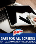 Hand using a wipe on a tablet screen, Electronic Cleaning Wipes for Screens and Gadgets, Pre-Moistened, Resealable Pack, 25 Count