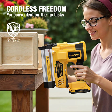 Slick Kickass Cordless Brad Nailer 18 Gauge Electric Nail Gun Compatible With Dewalt 20V Max held by woman assembling wood box outdoors.