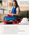 Woman packing a red suitcase with colorful clothes, showcasing Top Shelf Hard Sided Clear Zipper Boxes For Quick Storage And Road Trips.