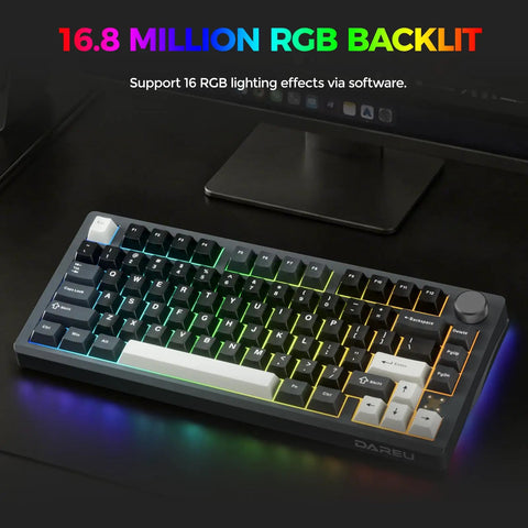 Flex75 Gasket Wireless Mechanical Keyboard With Control Knob Tri Mode Bluetooth 2.4G USB Wired, RGB backlit keyboard on dark desk.