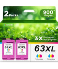 2-pack 63XL Tri Color Ink Cartridges Replacement for HP Printers showing packaging with green background and page yield
