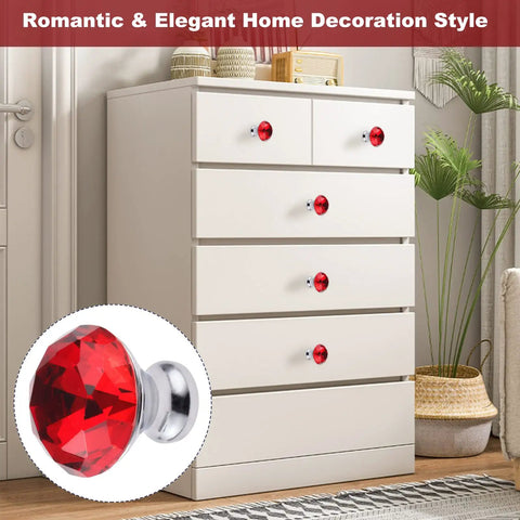 5 Pcs Red Crystal Cabinet Knobs Knockout Diamond Shape Handles with Screws for Dresser Closet Wardrobe Cupboard Kitchen Furniture to Get that Bougie Vibe in Shiny Polished Chrome Glass Pulls Total Game Changer Decor on a white dresser.