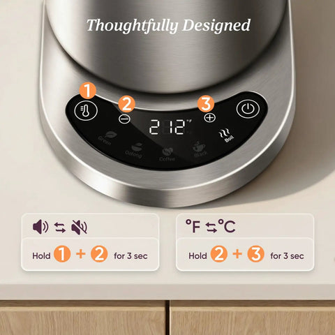 Fast Boiling 1.7L Electric Kettle With Plastic Free Interior And 5 Presets For Tea And Coffee, control panel view