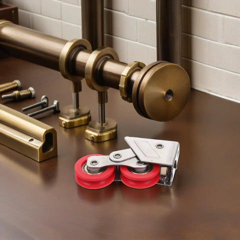 Smooth As Butter Premium Heavy Duty Double Wheel Sliding Door Rollers with red wheels and stainless steel frame on a workbench.