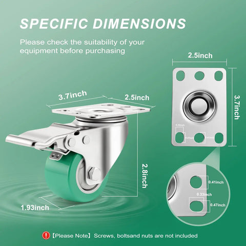 Hassle Free Heavy Duty Stainless Steel Caster Wheels Two Inch Set Of Four Rustproof Anticorrosion dimensions showing 2 inch wheel size