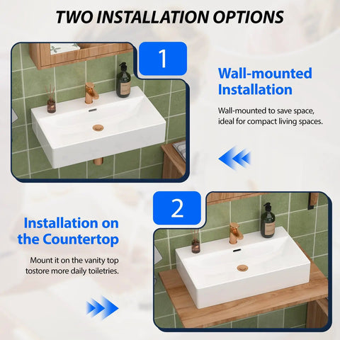 CHIKESI 24"x14" Wall Mount Sink, White Rectangular shown in wall-mounted and countertop installation options.