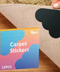 12 Pack Double Sided Non Slip Rug Pad Gripper For Hardwood Floors And Tile showing black corner side gripper and packaging