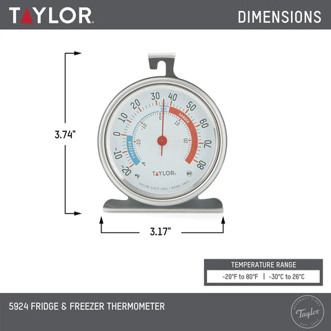 Big 3 Inch Dial Refrigerator and Freezer Thermometer With Stainless Steel Casing, silver finish, showing dimensions and range
