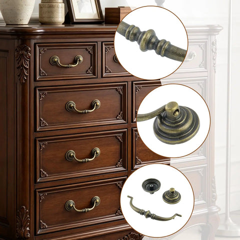 Straight Up Sturdy Bronze Cabinet Handles 4 Inch Hole Centers 4 Pack Furniture Drawer Pulls With Rock Solid Zinc Alloy Body And Knockout Vintage Drop Style For Home Remodeling Projects on a wooden dresser.