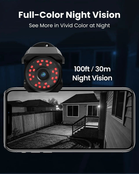 4 Pack 4K 8MP PoE Security Cameras Wired Bullet IP66 Waterproof showing night vision view on smartphone with color display.